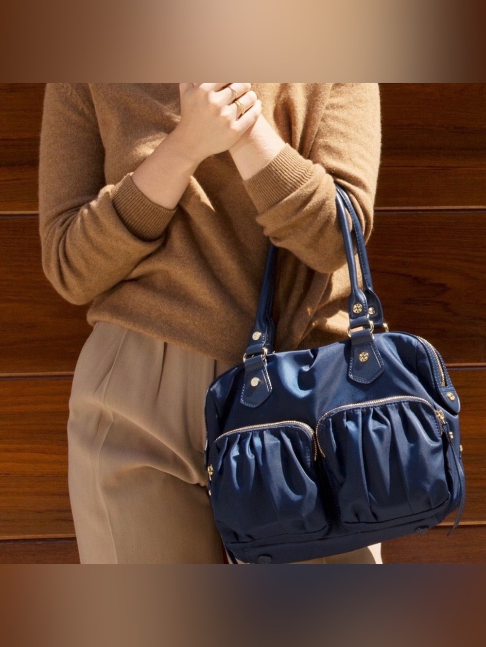 MZ Wallace Jane Bedford Navy Nylon Satchel Multi Pocket Gold Hardware w/pouch - Picture 14 of 14
